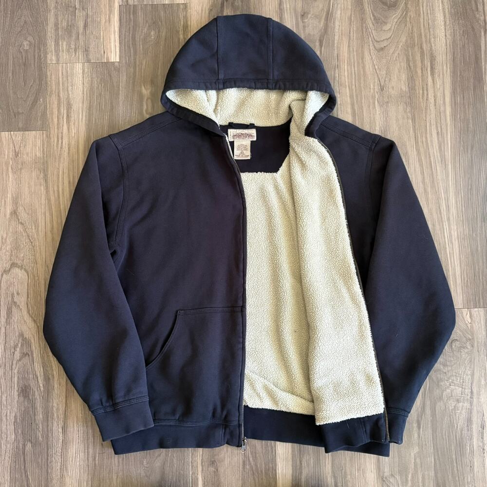 LL Bean Katahdin Iron Works Hoodie Men's Size L Blue Sherpa Lined Full Zip